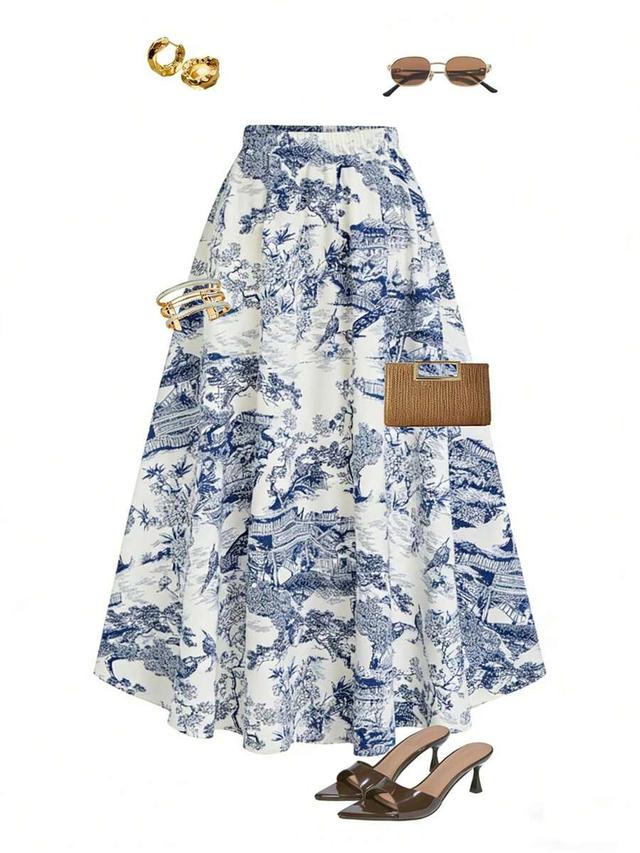 blue and white toile print a-line skirt