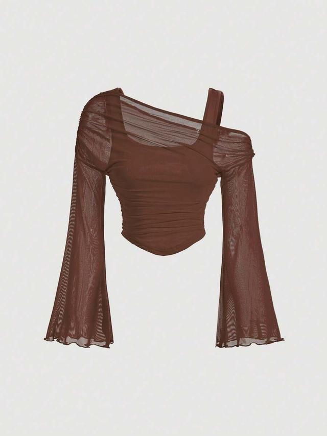 coffee brown asymmetrical mesh trumpet sleeve top