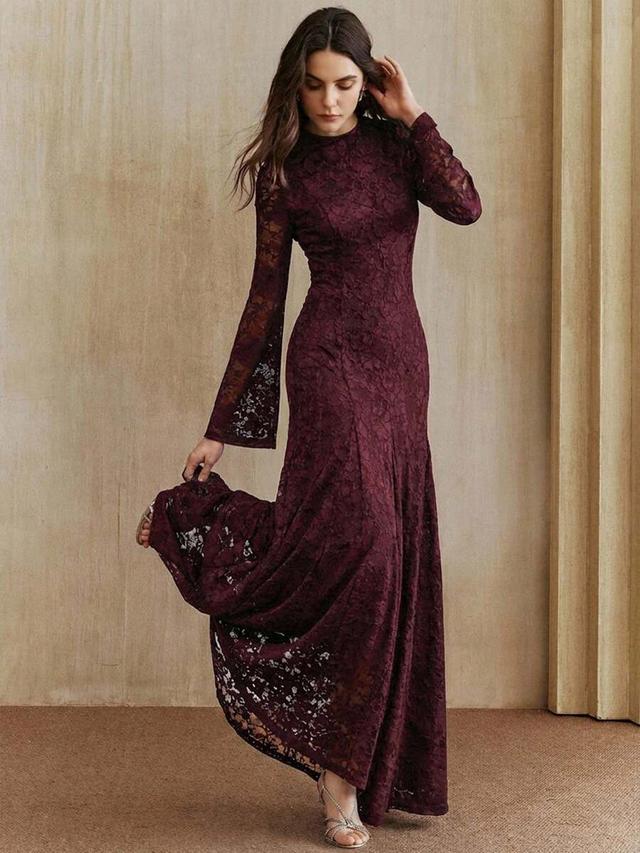 burgundy elegant lace long-sleeved slim-fit maxi gown