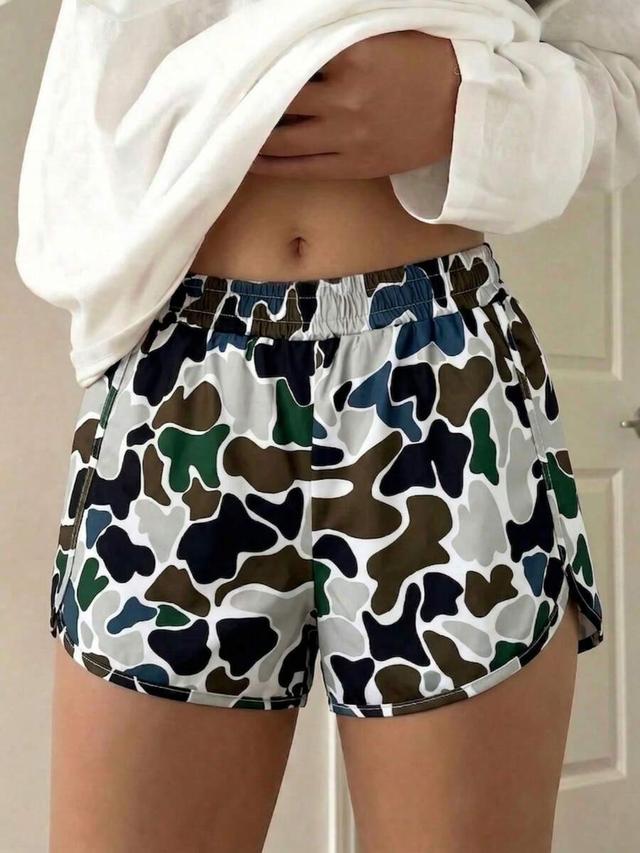 casual camo print elastic waist summer shorts