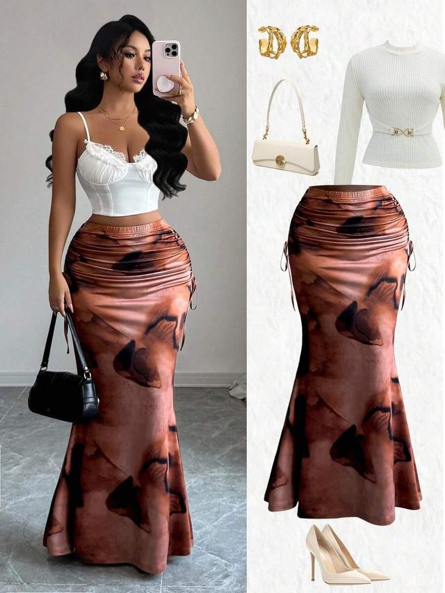 chocolate brown vintage tie-dye print pleated fishtail skirt