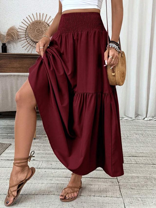 burgundy long ditsy floral ruffle hem skirt