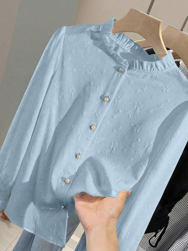 light blue jacquard stand collar frill trim blouse