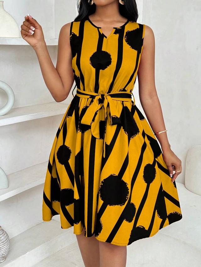 geometric print tie waist flared mini dress