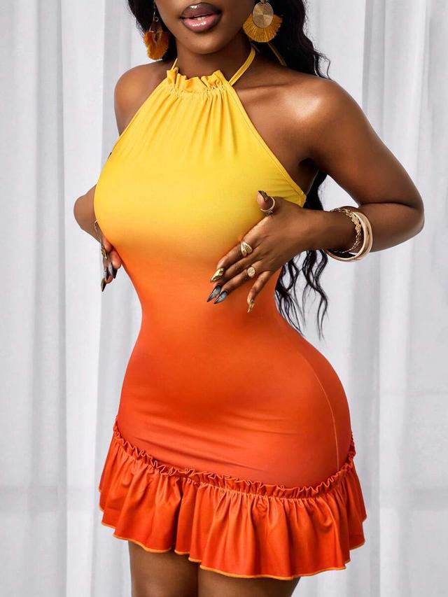 yellow to orange ombre halter mini dress
