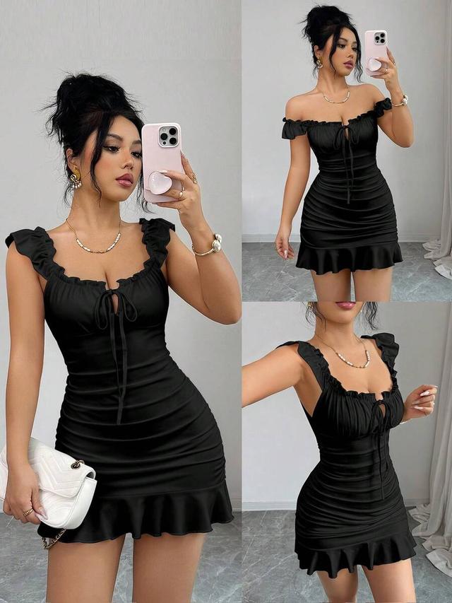 black ruched mini dress with ruffled straps