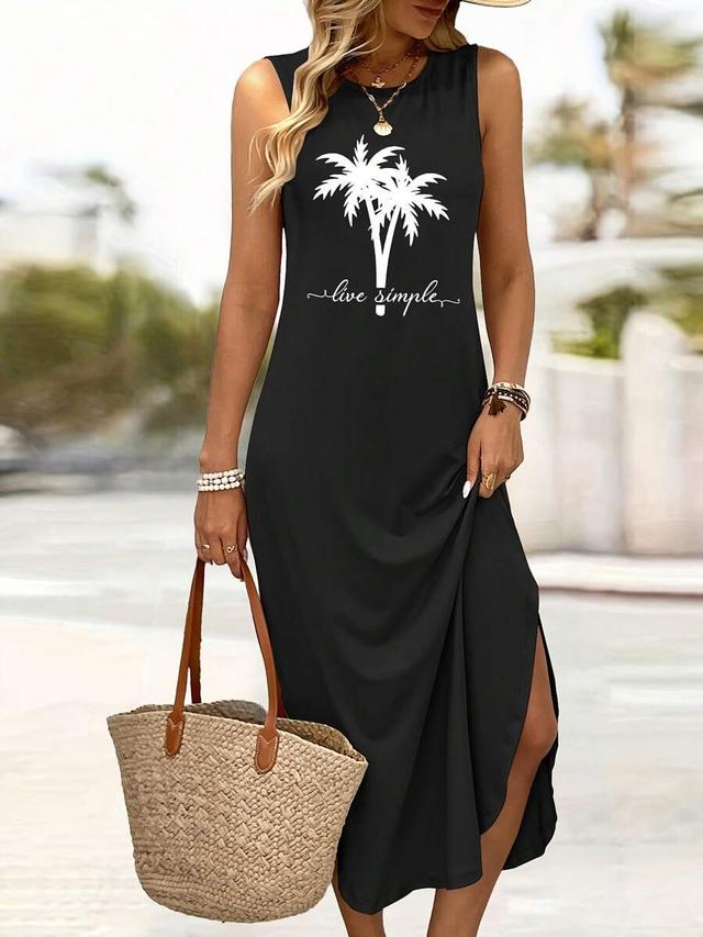 black cotton jersey maxi dress with palm print