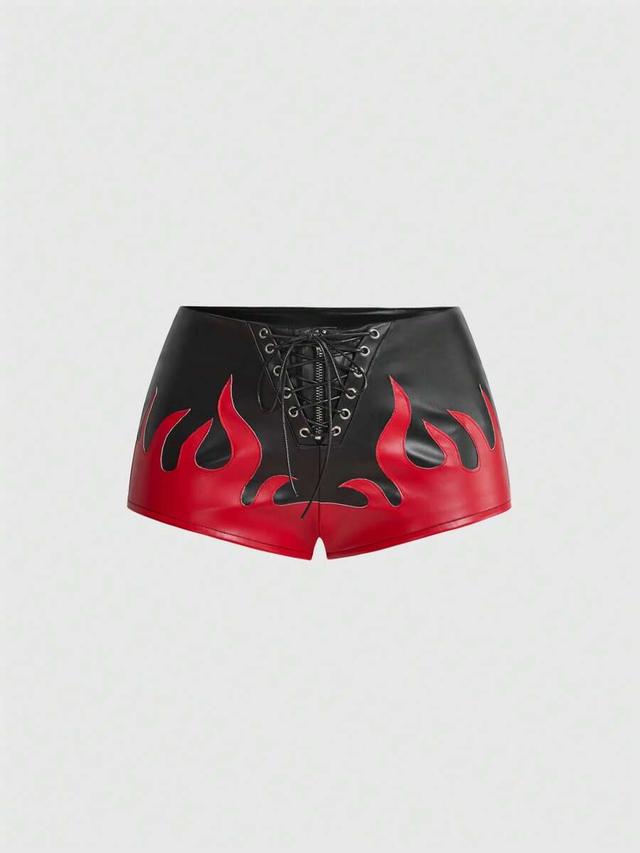 grunge punk flame embroidery pu leather shorts