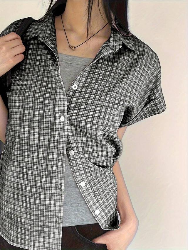 plaid print button front short sleeve blouse