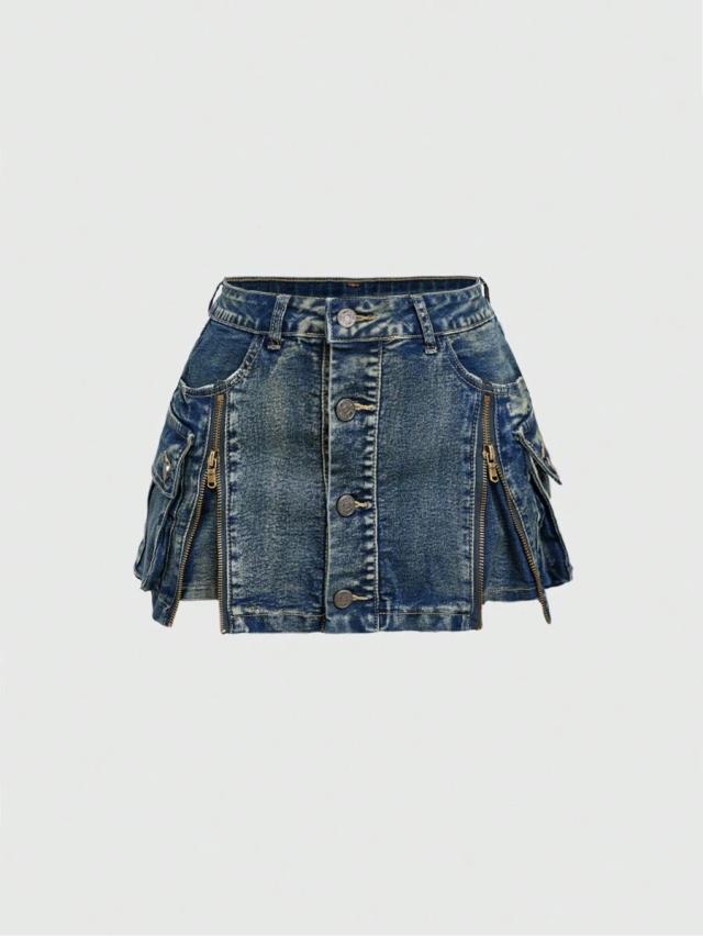 acid wash denim cargo mini skirt with zippers