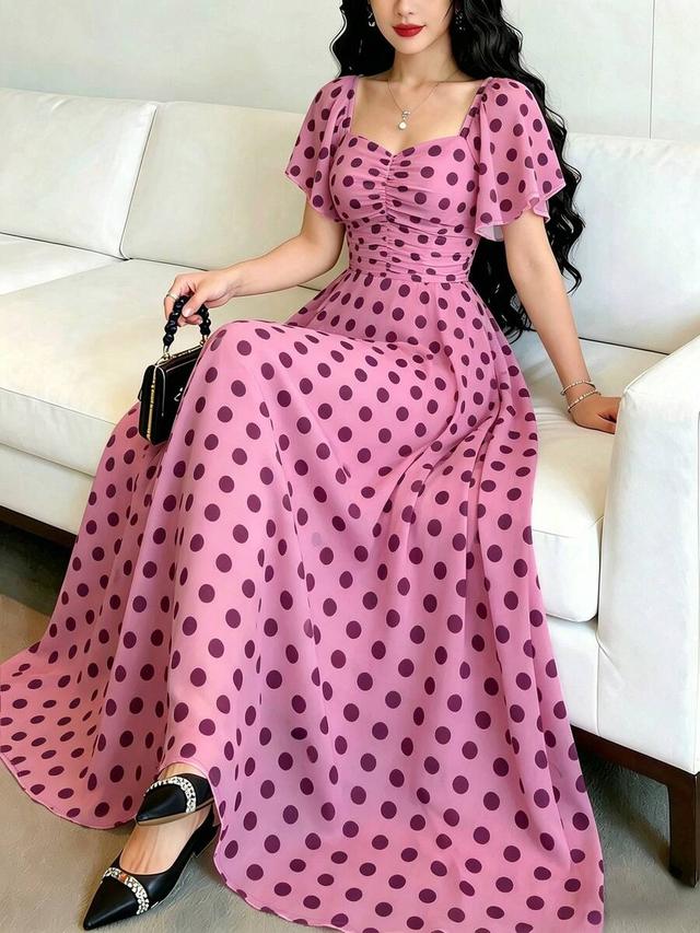 pink polka dot chiffon french style midi dress