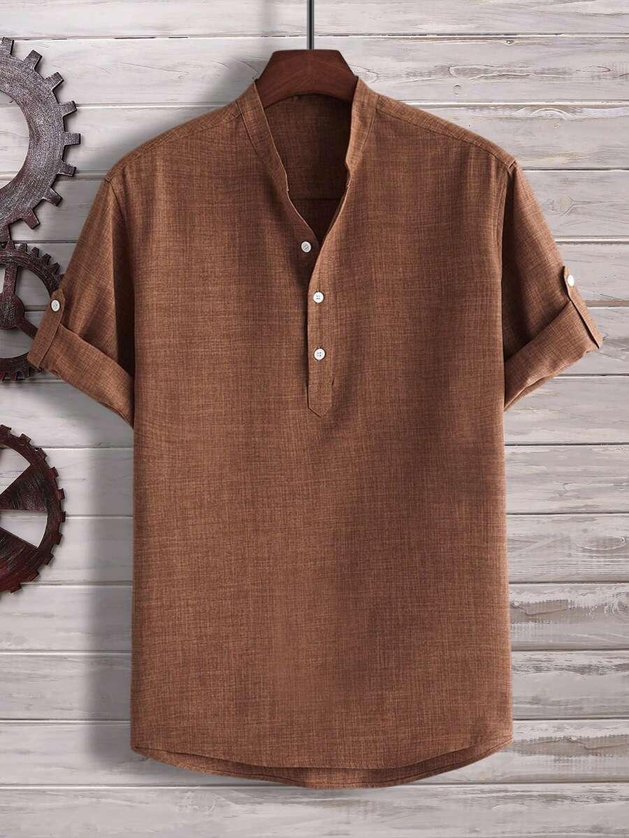 brown linen blend half button roll up sleeve shirt