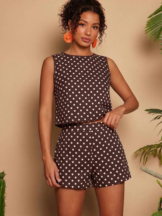 brown polka dot sleeveless tank top and matching shorts