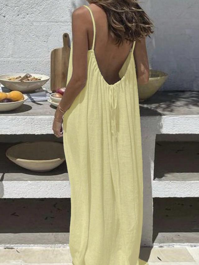 solid yellow backless lace up spaghetti strap dress