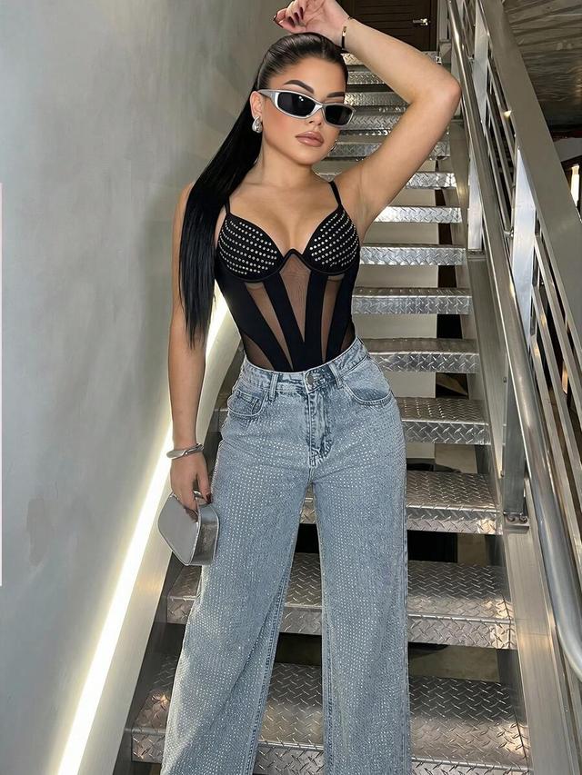 rhinestone decor mesh patchwork black bodysuit