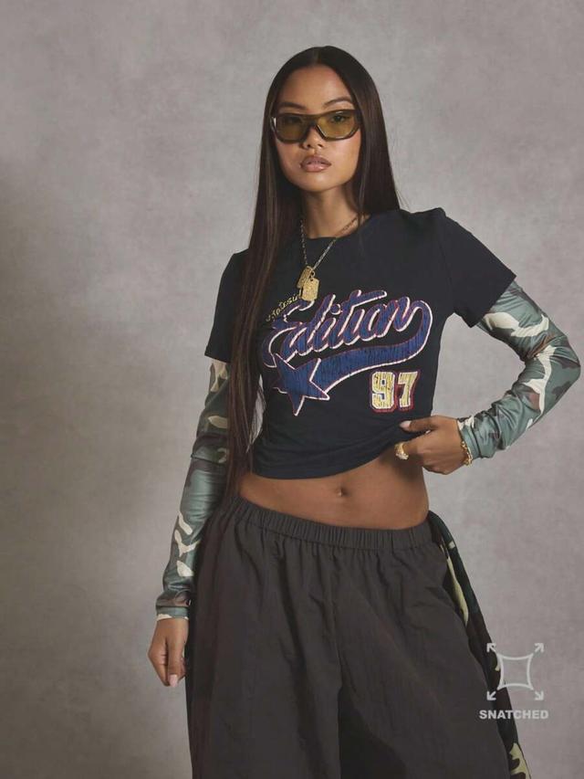 musera double layer camo graphic slogan t-shirt