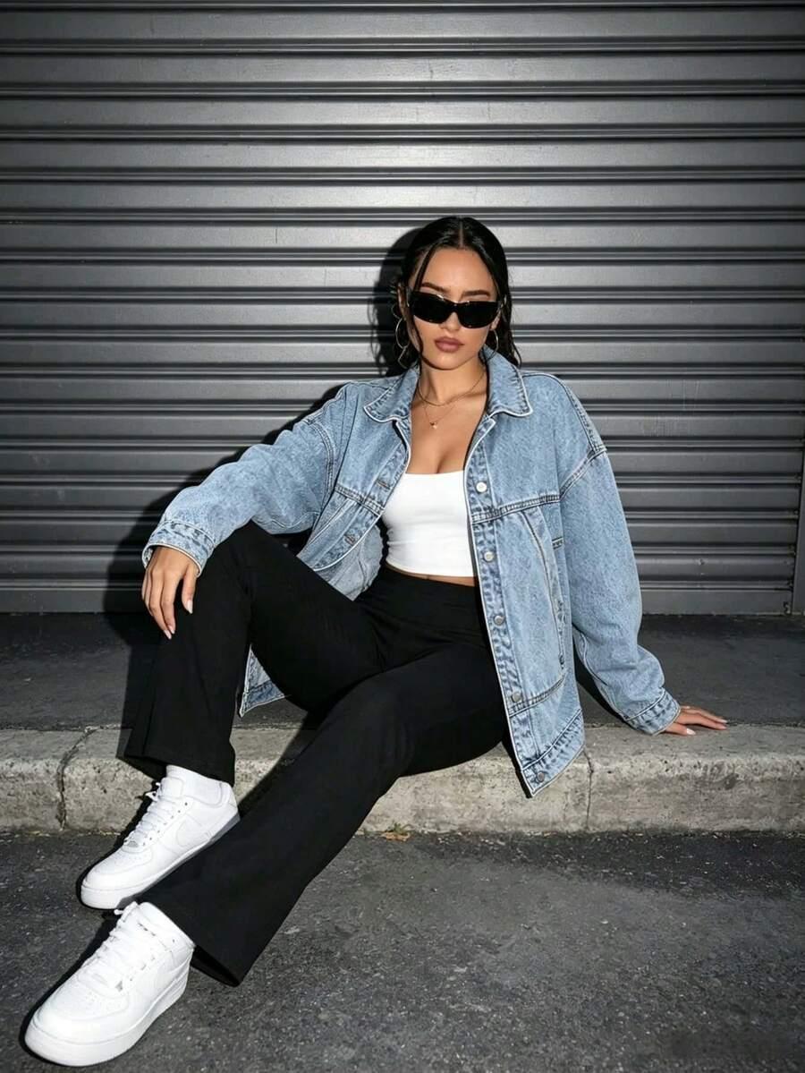 women's drop shoulder single-breasted casual loose denim jacket