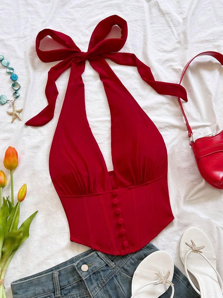 red halter backless corset style tank top