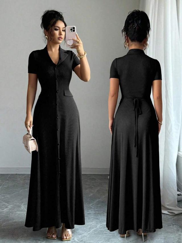 elegant brown ribbed lapel button front maxi dress