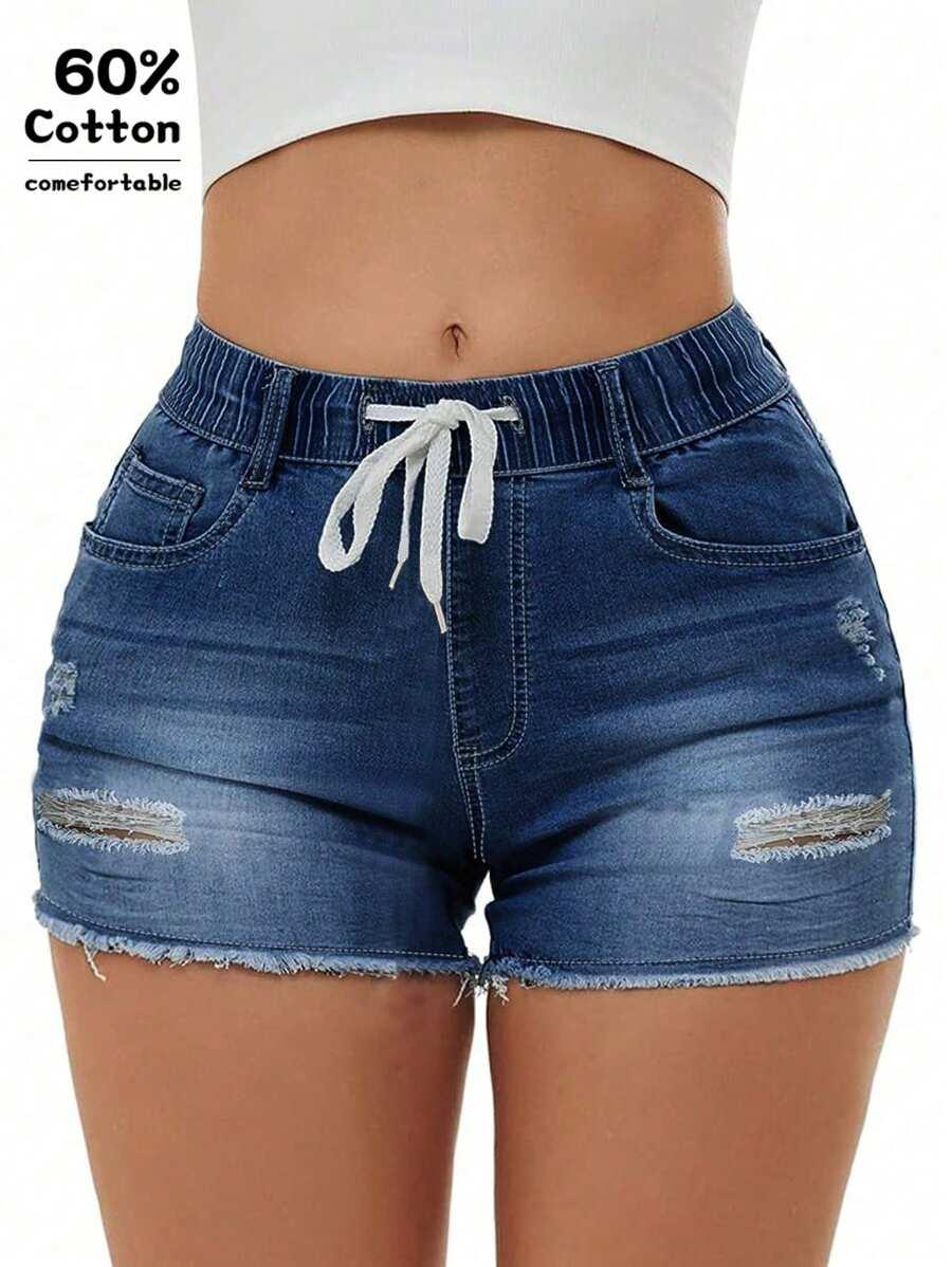 distressed blue denim drawstring shorts