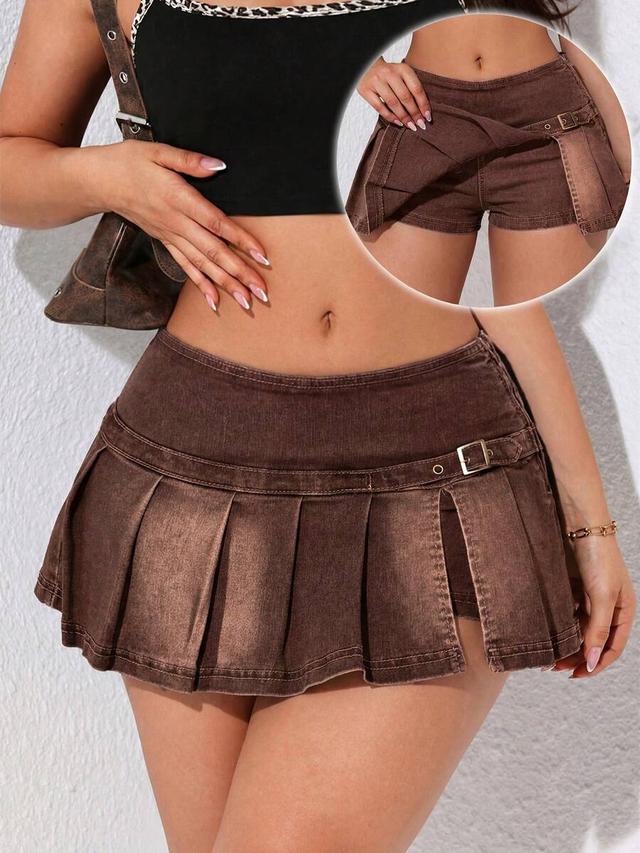 brown pleated denim casual mini skort