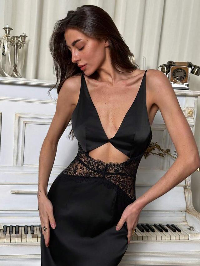 elegant black satin lace patchwork backless midi dress
