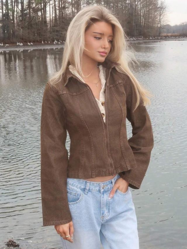 washed brown denim paneled zip down collared jacket