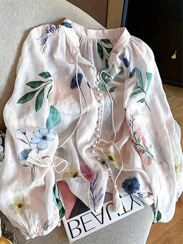 floral print pleated casual versatile daily wear shirt