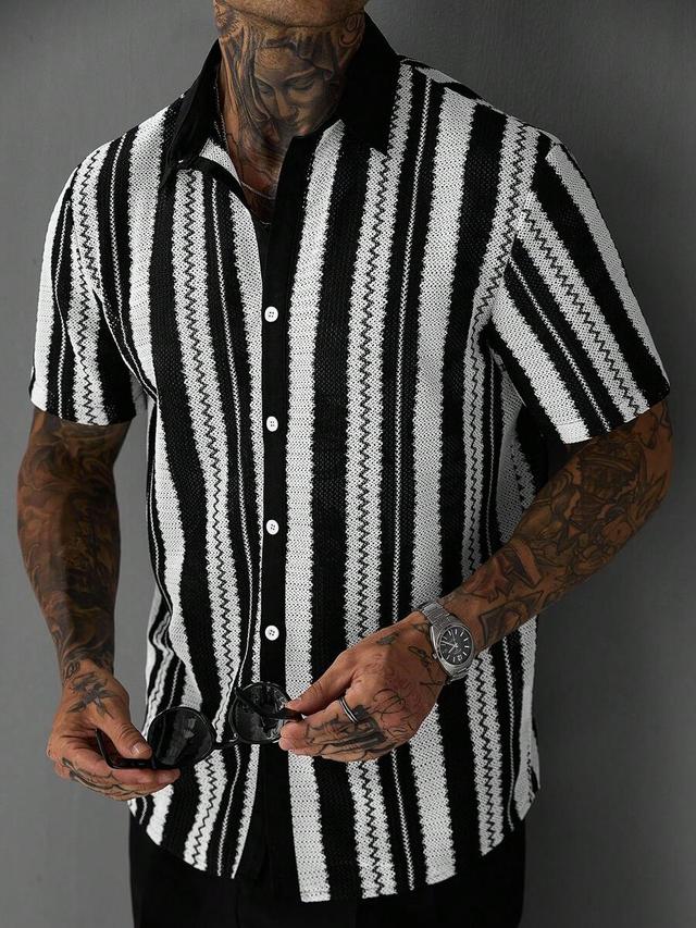 men's black and white striped mesh casual shirt
