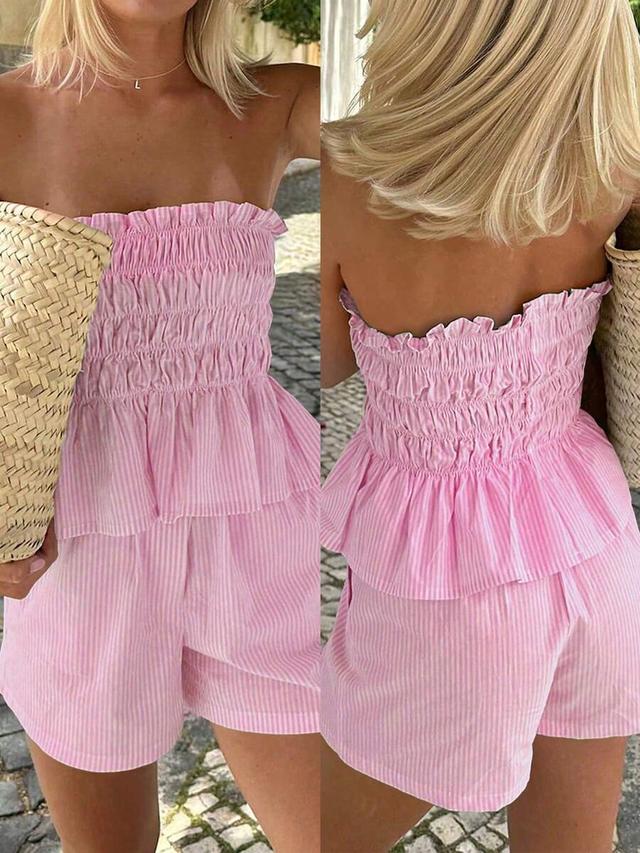 pink striped bandeau top and matching shorts set
