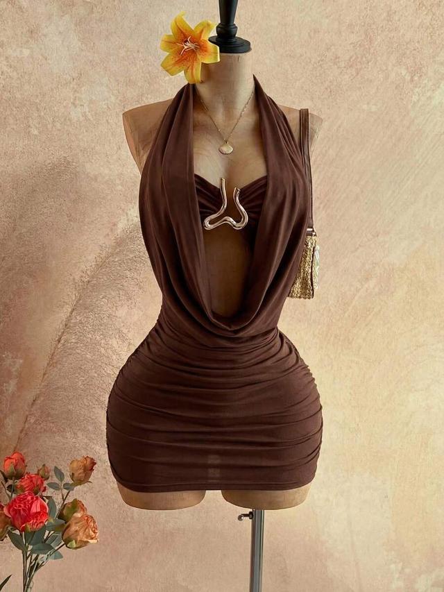 dark brown pleated halter neck backless mini dress