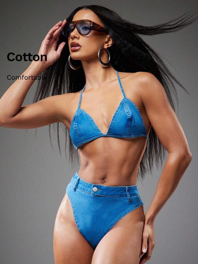 denim bikini set with high waisted bottoms