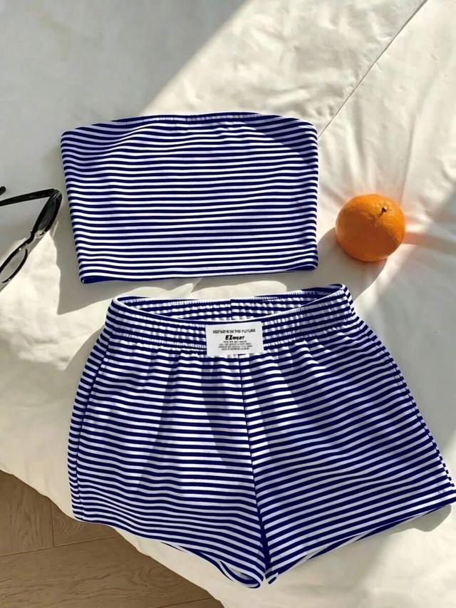 dark blue and white striped bandeau and shorts set