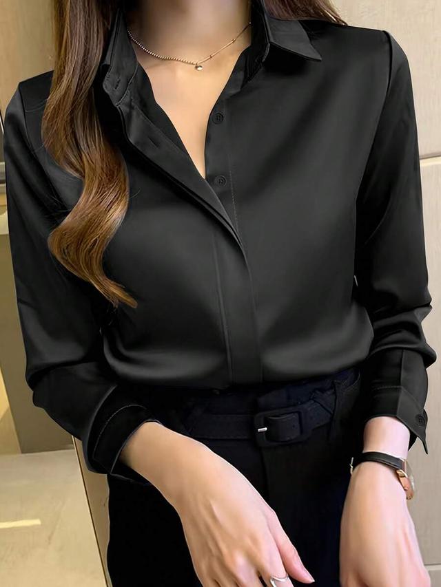 women's elegant black long sleeve button-up blouse