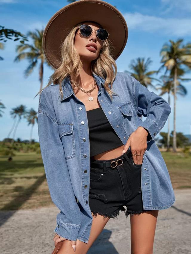 flap pocket drop shoulder front button denim shirt