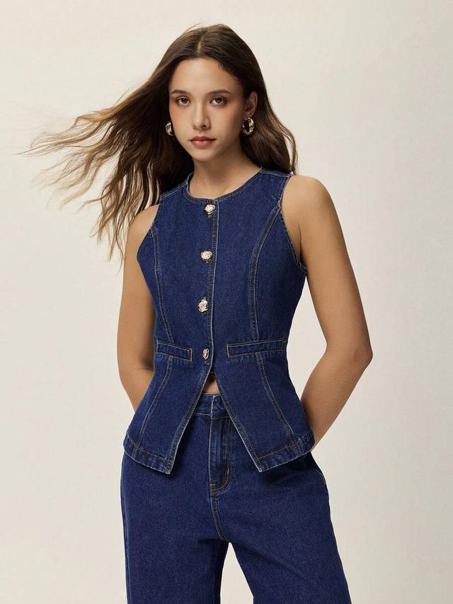 minimalist metal button denim tank top