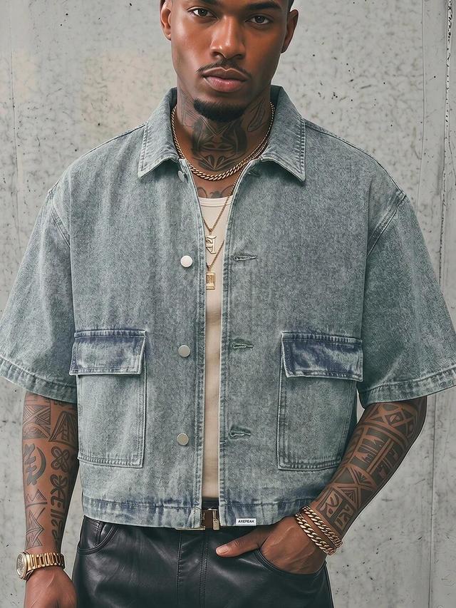 acid wash denim short sleeve utility shirt