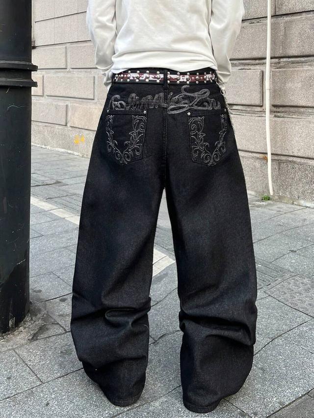 black embroidered wide-leg baggy y2k denim jeans