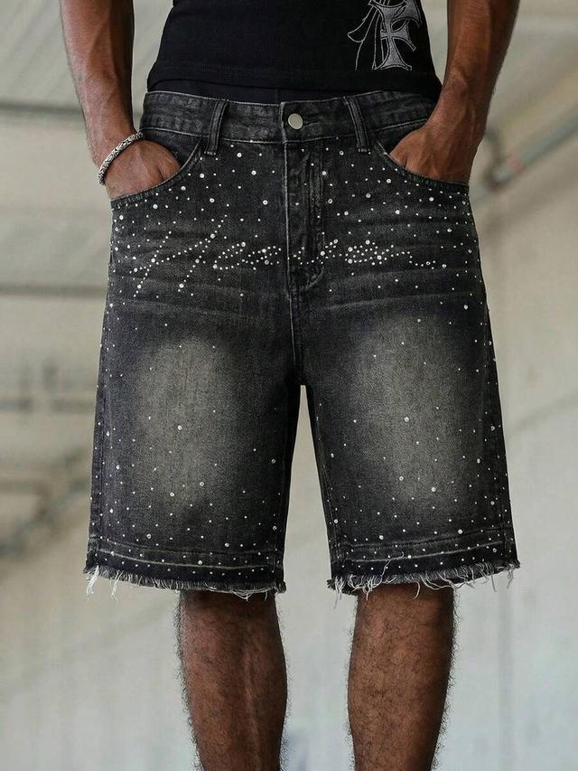 men's vintage washed denim shorts with rhinestone decor