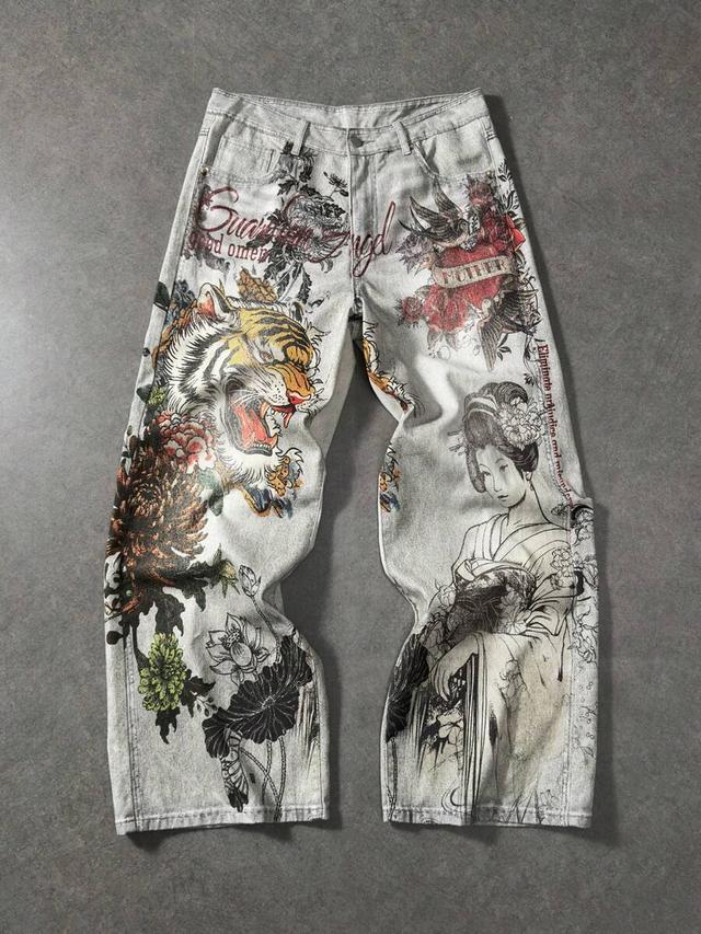 anime tiger print wide leg loose casual jeans
