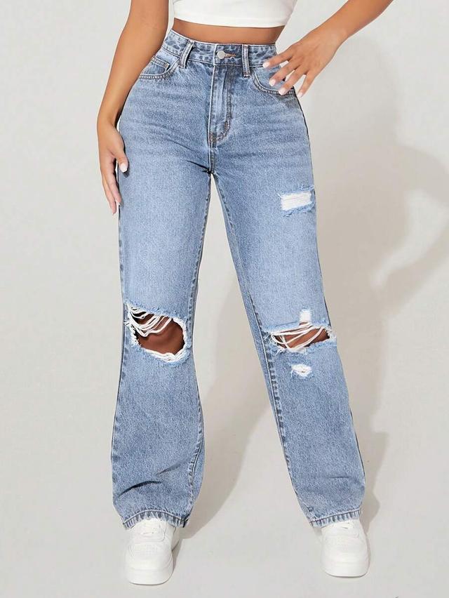 light wash distressed high waisted straight leg jeans