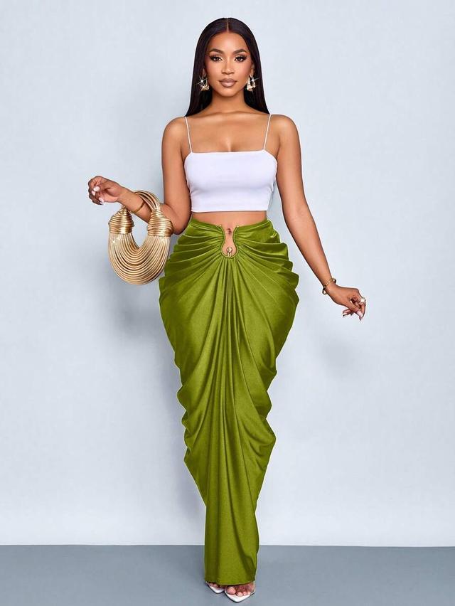 olive green gathered ruched midi skirt