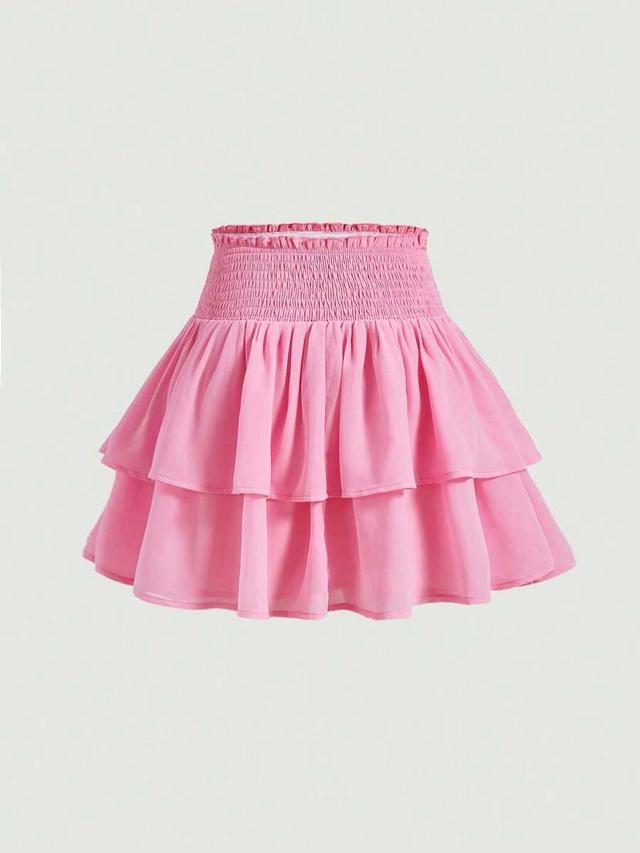 solid pink high waist tiered ruffle mini skirt