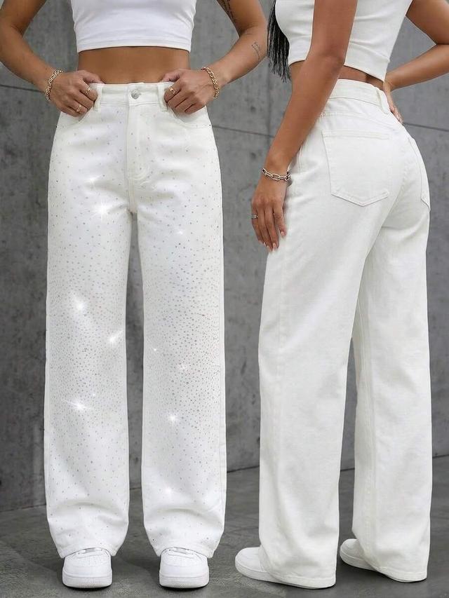 white rhinestones high-waisted wide-leg casual denim jeans