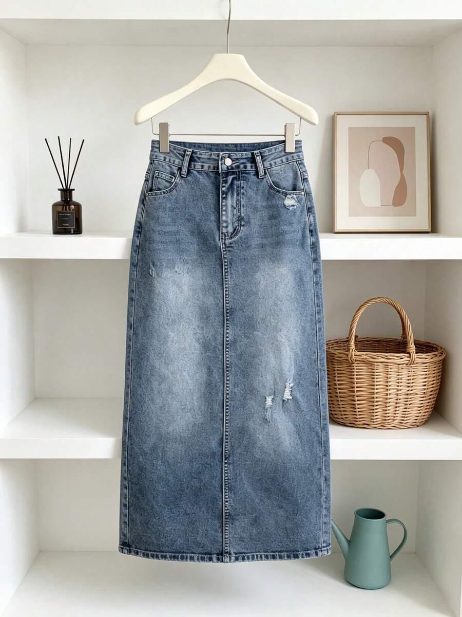 women's vintage washed denim midi pencil skirt