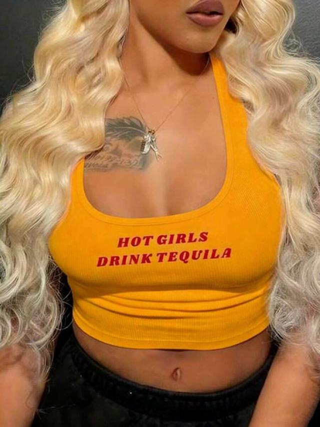 yellow ribbed graphic tank top with slogan