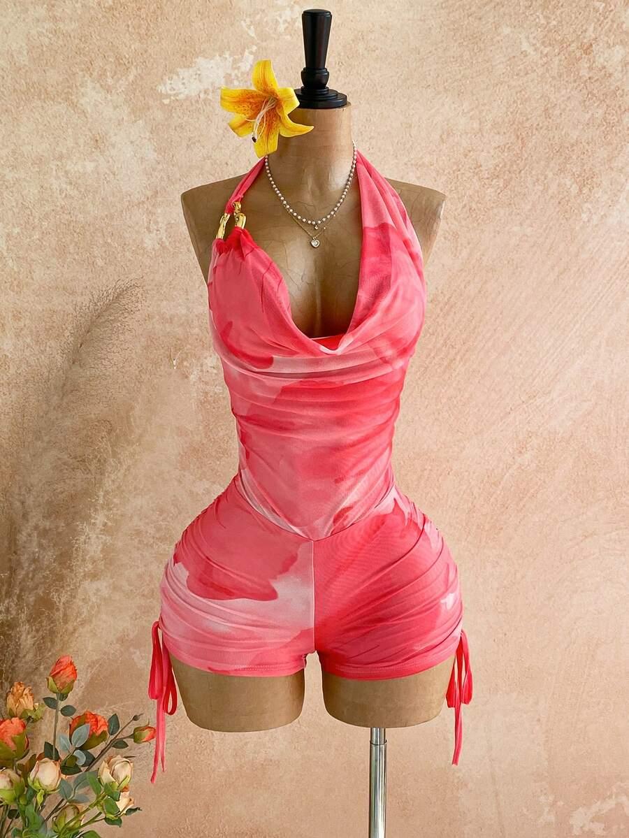 light pink floral ombre mesh halter neck playsuit