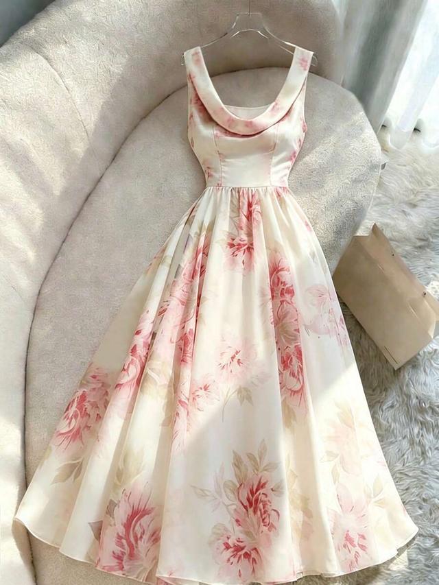 white floral print sleeveless fitted umbrella dress