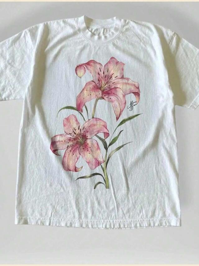 cotton women summer top pink lily floral print shirt