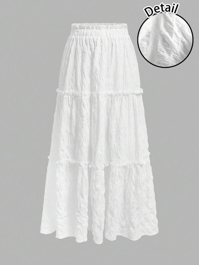 white textured three-tier ruffle midi skirt